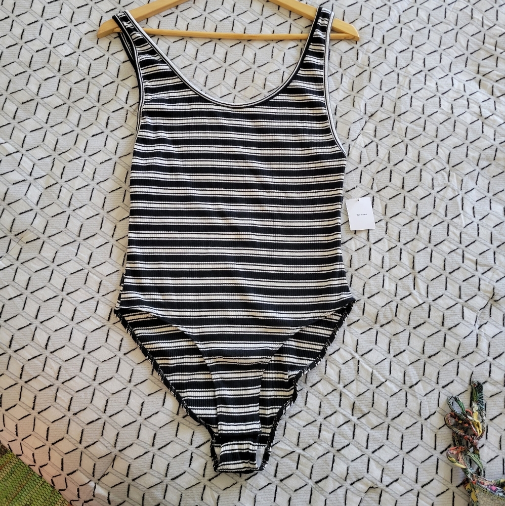 NWT Urban Outfitters Out From Under Ribbed Stripe Bodysuit Low Back sz L